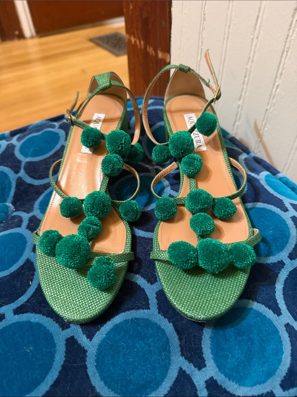 Aquazzura Emerald Green Pom-Pom Strappy Sandals